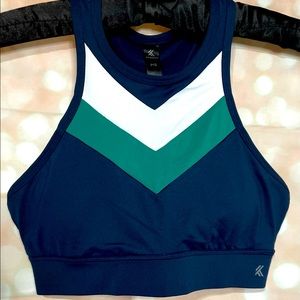 Kyodan active sports bra - size small - navy blue with green & white stripe